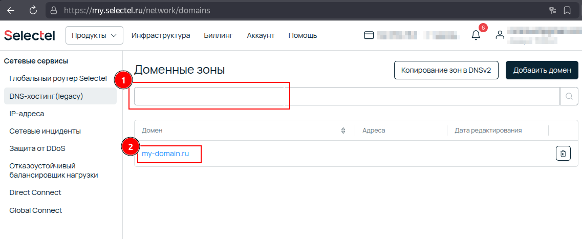 Selecting a domain in the Selectel DNS zones list