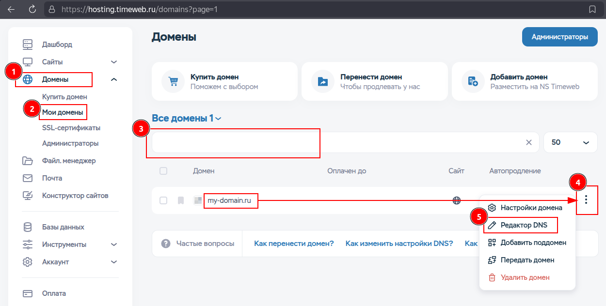 Domain management and "DNS Editor" selection in Timeweb