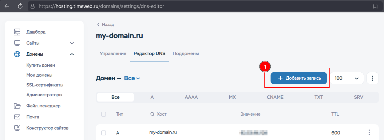 Timeweb DNS Editor "Add Record" button