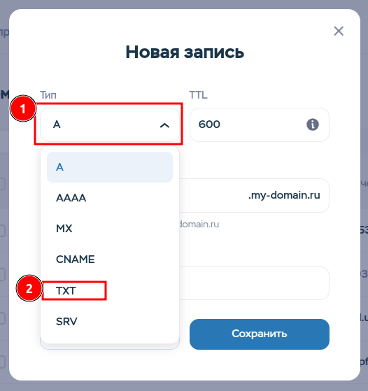 Selecting TXT record type in Timeweb