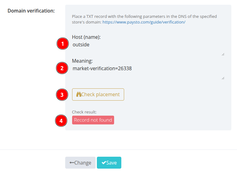 Block "Domain Verification" in Paysto