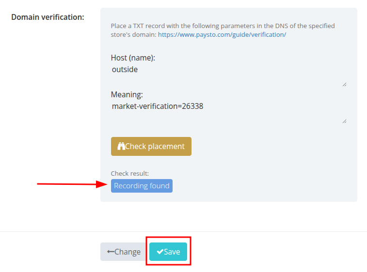 Successful domain verification in Paysto